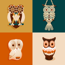 Owl Obsession. Set Of 4 Kitschy Owl Collectible Vectors On 4 Color Squares With Retro Color Palette Of Golden Yellow, Rusty Orange, Emerald Teal And A Peachy Neutral.