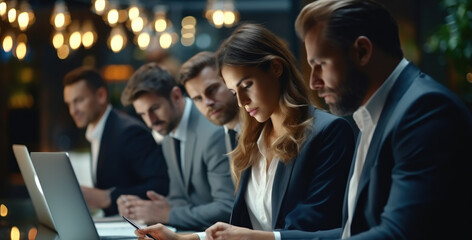 Poster - Business people sit around a laptop, One woman is presenting to the group.