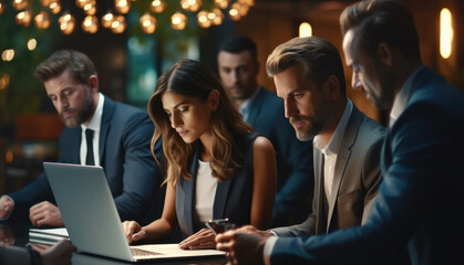 Aufkleber - Business people sit around a laptop, One woman is presenting to the group.