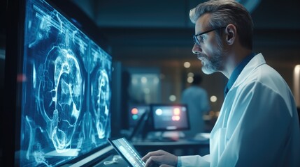 Poster - Doctor working and checking on big screen in futuristic lab hospital, High tech healthcare.