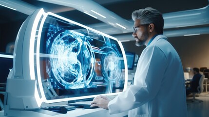 Poster - Male doctor working in a futuristic hospital with medical high tech healthcare, Diagnostic analysis on monitor