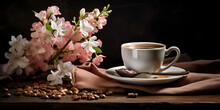 A Cup Of Coffee With Flowers In The Background
