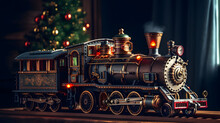 Toy Vintage Steam Locomotive On The Floor Under A Decorated Christmas Tree On A Background Of Bokeh Lights Garland. Christmas And New Year Celebration Concept