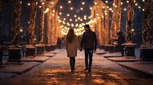 Couple In Love Walking Hand In Hand In A Street Decorated For Christmas At Night. Generative AI