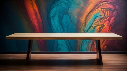 Wall Mural - 3d render of a interior, Rich, multicolored wooden table with an abstract paint pattern,