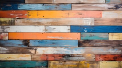 Wall Mural - wooden texture, Distressed and multicolored wood wall featuring an abstract painting