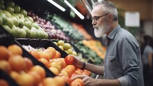 Mature Man Shopping In Grocery Store. Side View Choosing Fresh Fruits And Vegetables In Supermarket. Generative AI