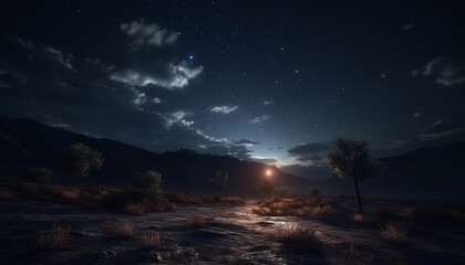 Poster - Silhouette of tree against dark sky, milky way shines generated by AI