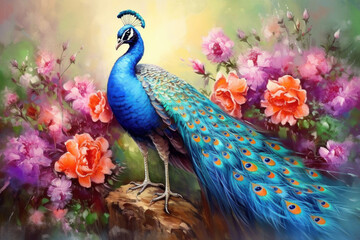 Beautiful Peacock, Watercolor Painting of Peacock on Flower.