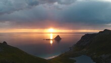 Norwegian Spectacular Nature Landscape View, Drone Flyover Andøya Island Capturing Coastal Måtind Mountains Cape At Sunset Golden Hours