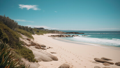 Canvas Print - Blue wave crashes on sandy coastline, tranquil scene generated by AI