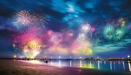 Fireworks illuminate the night sky, igniting a vibrant celebration generated by AI