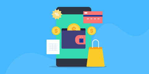 Digital wallet app on mobile screen, online shopping with banking payment application using credit card and discount coupon, financial technology conceptual vector illustration.