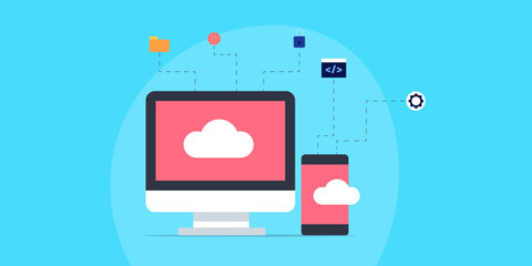 Wall Mural - cloud computing application integrated with computer and smartphone software, digital information te