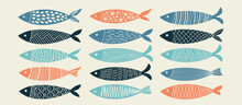 Set Of Colorful Sardines. Vector Hand Drawn Illustration.