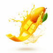 Mango and mango slice with water splash on isolated white background - ai generative