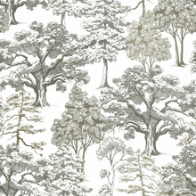 Beautiful Seamless Pattern With Hand Drawn Forest Trees. Stock Illustration.