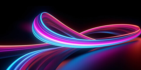 Pink and Blue Neon light waves floating Wallpaper on black background with reflections