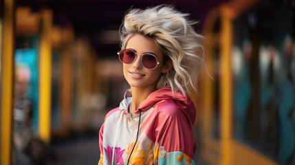 Wall Mural - beautiful young curly woman, girl in 80s style clothes, fashionable outfit, fashion, disco, party, street style, dancer, colored background, face, hairstyle, sunglasses