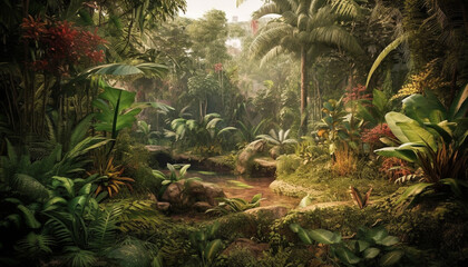 Poster - Lush green forest, tropical rainforest, animals, palm tree, tranquil pond generated by AI