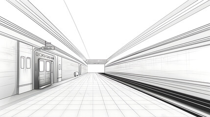 on line drawn subway station architectural sketch 3d plan illustration. generative ai