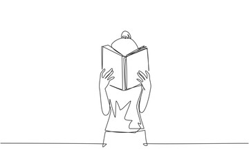 Wall Mural - Single continuous line drawing woman seriously reading a book until cover the face. Nervous when facing the final exams. Try to focus. Reading increases insight. One line design vector illustration