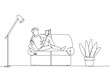 © Simple Line - Single continuous line drawing man sitting stretched out on the sofa reading book. Really like the content of the book reading on each page. Impressive. Love read. One line design vector illustration