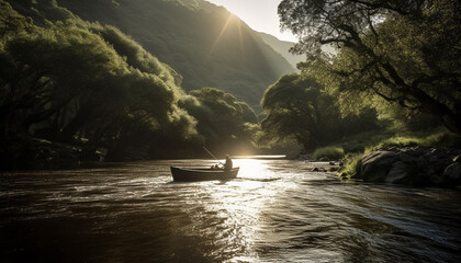 Poster - Sunset over the tranquil sea, a fisherman adventure in nature generated by AI