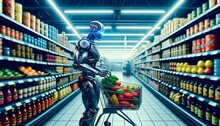 Robot Buying Groceries At Supermarket, Ai Background, Artificial Intelligence Concept