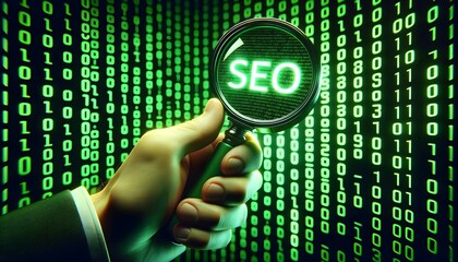 Hand holding magnifier with magnification on word seo, search engine optimization concept, futuristic background