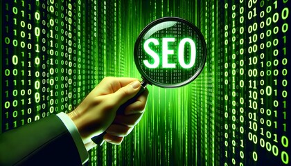 Hand holding magnifier with magnification on word seo, search engine optimization concept, futuristic background