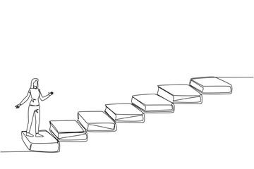 Wall Mural - Continuous one line drawing woman climb stairs from books. Reading increases knowledge which can increase the dignity of a better life. Book festival concept. Single line design vector illustration