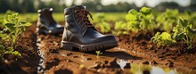 Hiking Boots On A Field Of Young Plants. Selective Focus.