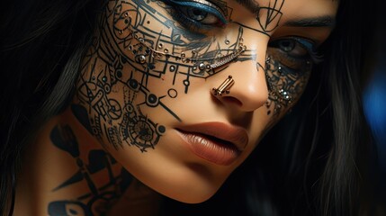 Face of a gothic young beautiful woman with scary creepy tattoos on her face