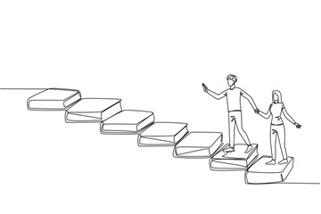 Wall Mural - Continuous one line drawing man woman climb stairs from books. Reading increases knowledge which can increase the dignity of better life. Book festival concept. Single line design vector illustration