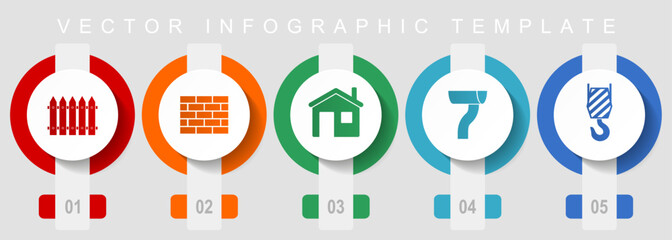 Poster - Home building flat design icon set, miscellaneous icons such as fence, brick wall, home, gutter and crane hook, vector infographic template, web buttons collection