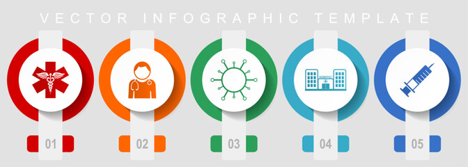Aufkleber - Healthcare flat design icon set, miscellaneous icons such as emergency, doctor, virus, hospital and syringe, vector infographic template, web buttons collection