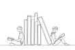 Single continuous line drawing man woman reading sitting leaning against a pile of books. Habit of reading books every day. Library. Good habit. Book festival concept. One line vector illustration