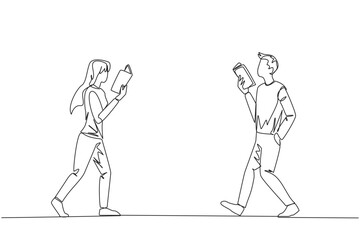 Sticker - Single continuous line drawing man and woman walking face to face reading books. Gesture of memorizing something from a book. Addicted to reading. Book festival. One line design vector illustration
