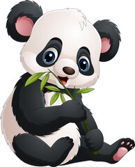 Wall Mural - Cartoon funny panda eating bamboo leaves