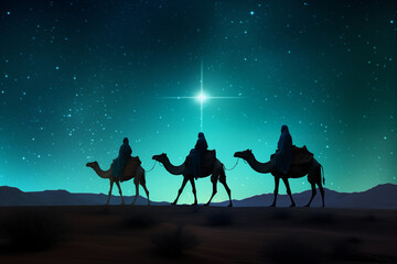 silhouette of three wise men riding a camel along the star path. to meet jesus at first birth.