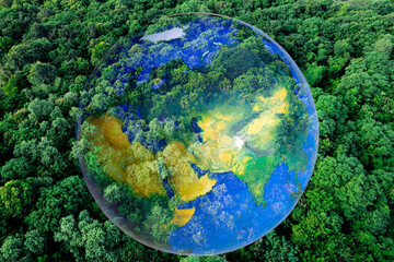 Wall Mural - Aerial view of the green forest against the land. Demonstrates the concept of preserving the ecosystem and nature, air pollution and saving the planet.