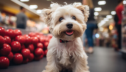 Canvas Print - Cute puppy sitting outdoors, looking at camera, playing with toy generated by AI