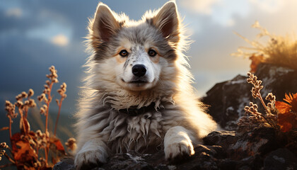 Canvas Print - Cute puppy sitting in grass, looking at camera, enjoying nature generated by AI