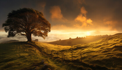 Poster - Tranquil sunset, meadow beauty, old fence in nature embrace generated by AI