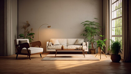 Poster - Modern apartment with bright, elegant interior, comfortable sofa, wooden flooring generated by AI