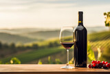 Fototapeta  - Red wine bottle mock up without label, glass, promotion, advertising, vineyards at sunset