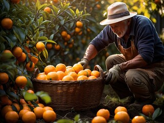 Young women and old man picking freshly oranges in the garden. A Generative AI Digital Illustration.