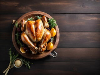 Roasted chickens isolated on wooden background with copy space. thanks giving concept