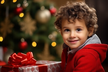 a young boy holding a present box in front of a christmas tree